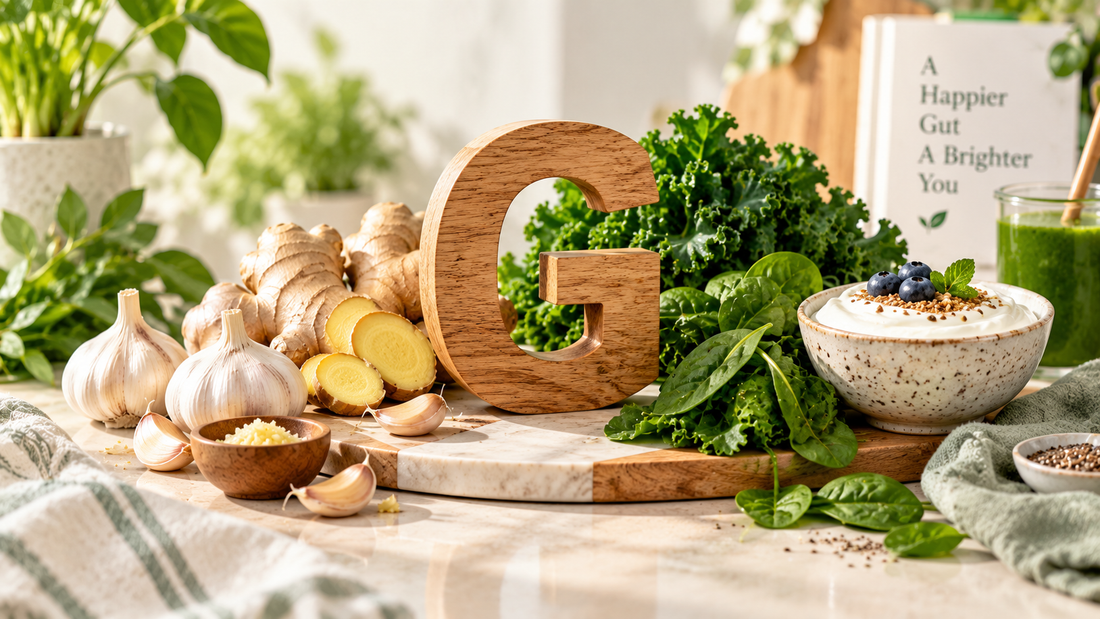 Gut-friendly foods that start with G including garlic, ginger, greens and Greek yogurt