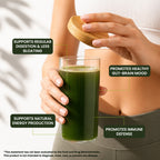 A clear glass mason jar filled with a dark green supplements blend, listing supplement blends and their mg counts. The jar has water droplets on the outside and a silver metal lid.