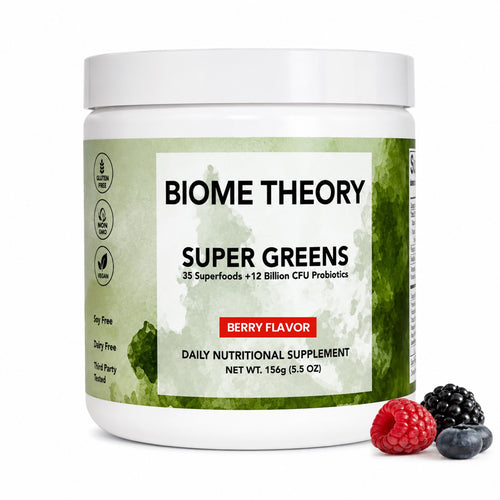 Biome Theory Super Greens berry flavor tub with fresh berry - 35 superfoods and 12 billion CFU probiotics