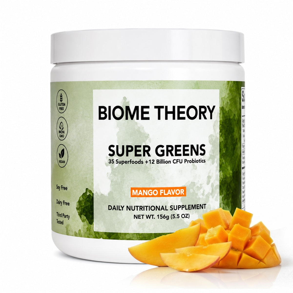 Biome Theory Super Greens mango flavor tub with fresh mango - 35 superfoods and 12 billion CFU probiotics