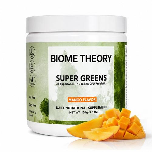 Biome Theory Super Greens mango flavor tub with fresh mango - 35 superfoods and 12 billion CFU probiotics