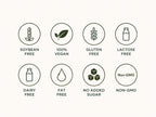 supplement super green essentials. A set of eight circular icons with text labels on a light cream background, indicating product attributes such as soybean free, 100% vegan, gluten free, lactose free, dairy free, fat free, no added sugar, and non-GMO.