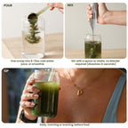 Three-panel instructional collage showing use of a small handheld green smoothie blender. Top left: pour a scoop of green powder into a glass of water.