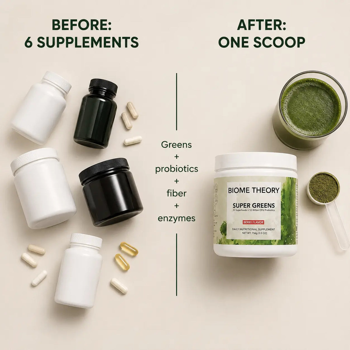 Woman drinking Biome Theory Super Greens in her kitchen