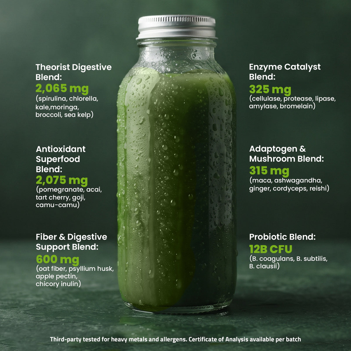 A clear glass mason jar filled with a dark green supplements blend, listing supplement blends and their mg counts. The jar has water droplets on the outside and a silver metal lid.
