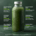 A clear glass mason jar filled with a dark green supplements blend, listing supplement blends and their mg counts. The jar has water droplets on the outside and a silver metal lid.