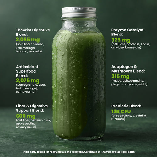 A clear glass mason jar filled with a dark green supplements blend, listing supplement blends and their mg counts. The jar has water droplets on the outside and a silver metal lid.